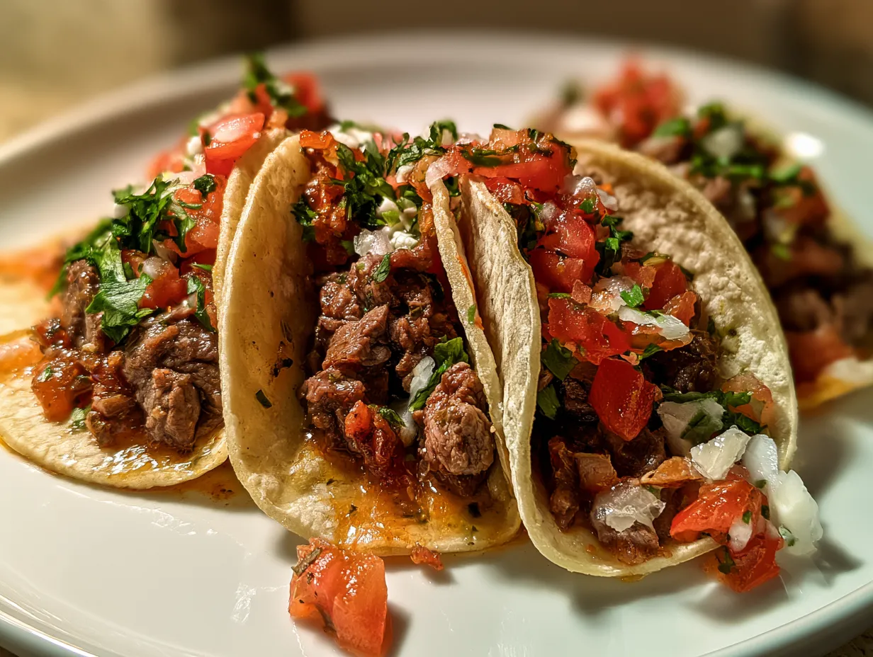 Presentation of Street Taco Mini Beef Tacos served with lime wedges and garnishes