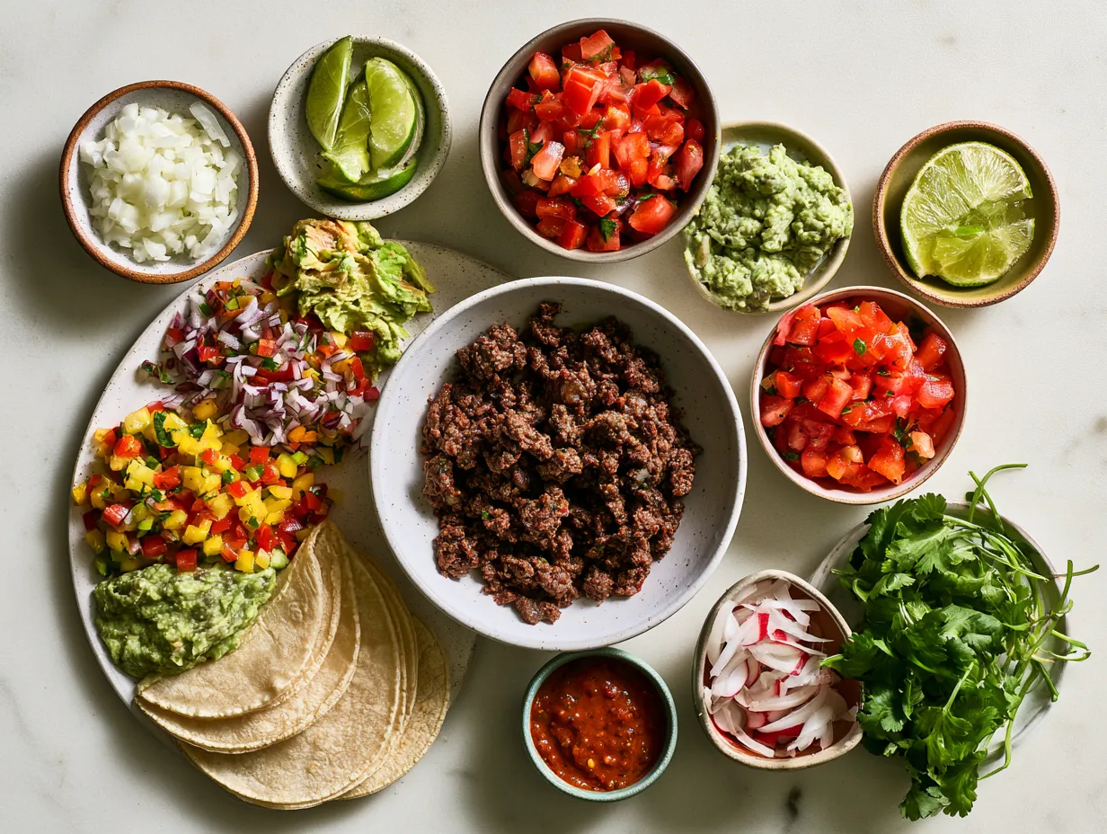 Ingredients for Street Taco Mini Beef Tacos including ground beef, mini corn tortillas, onion, garlic, oil, cilantro, lime, and seasoning