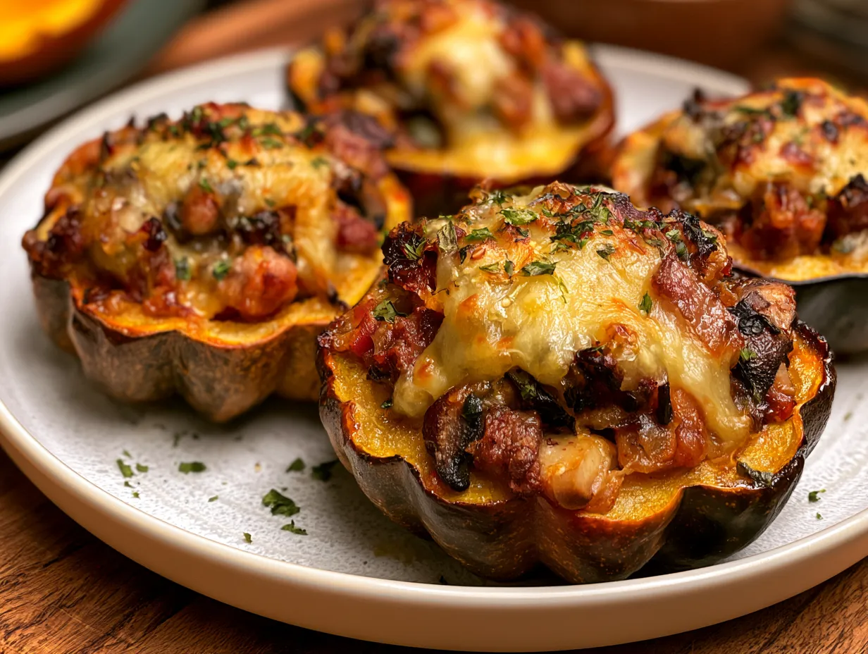 Served Stuffed Acorn Squash on a plate, garnished and ready to eat