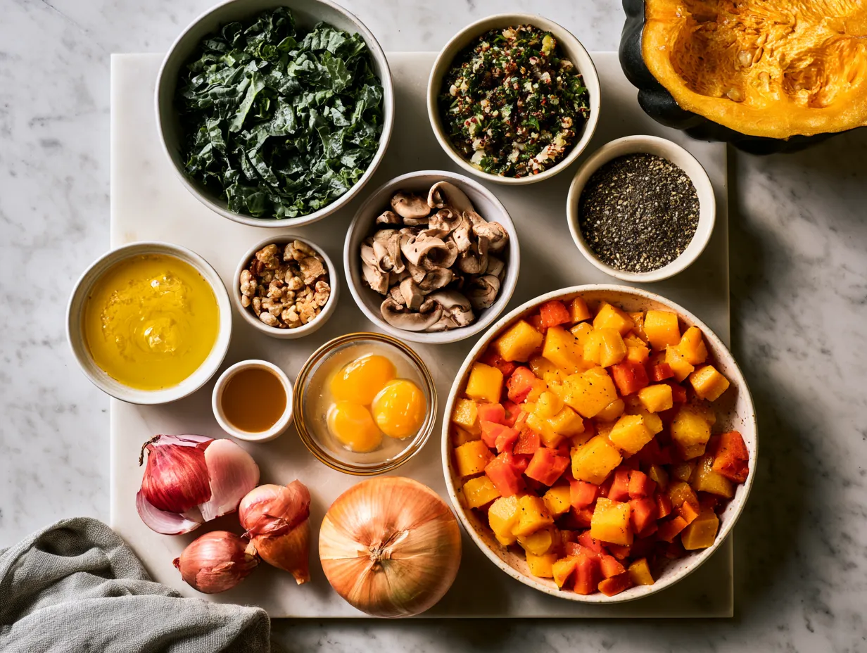 Ingredients for Stuffed Acorn Squash including acorn squash halves, olive oil, onions, garlic, cooked grains, mushrooms, dried cranberries, nuts, herbs, and cheese