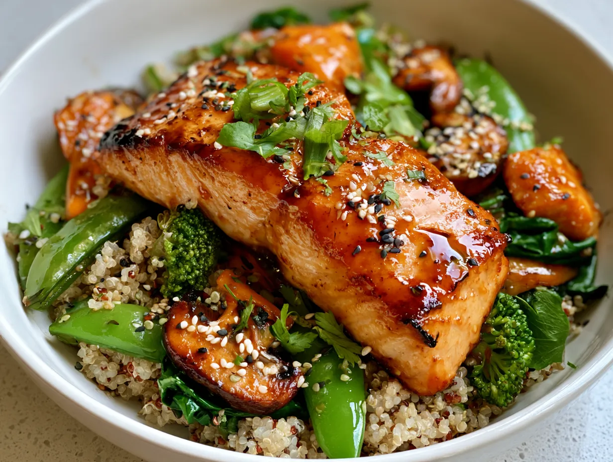 Served Teriyaki Salmon Quinoa Bowl ready to eat