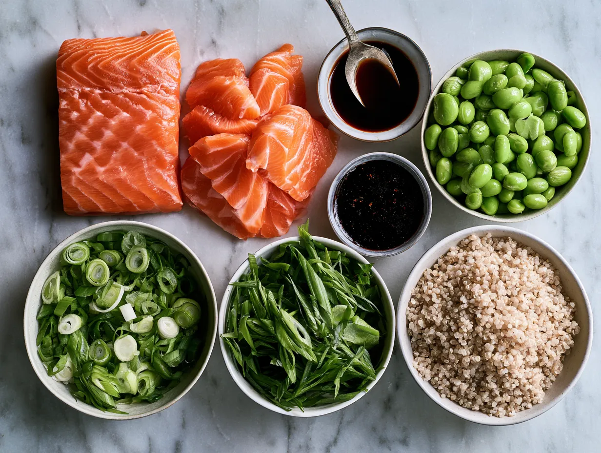 Ingredients for Teriyaki Salmon Quinoa Bowl neatly arranged