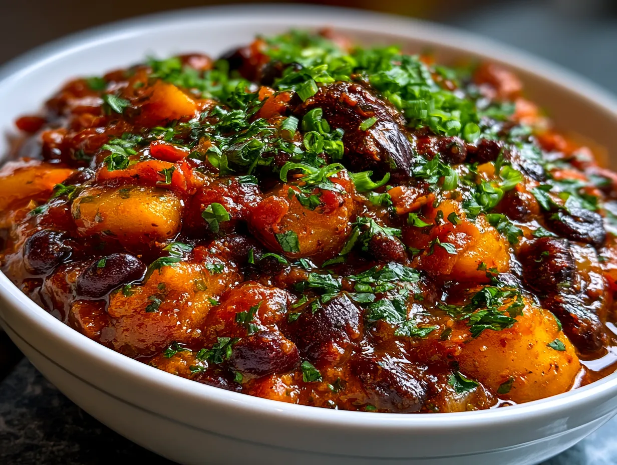 Serving Vegetarian Pumpkin Chili topped with sour cream and garnished