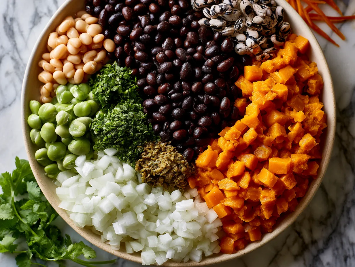 Ingredients for Vegetarian Pumpkin Chili including pumpkin puree, beans, and spices