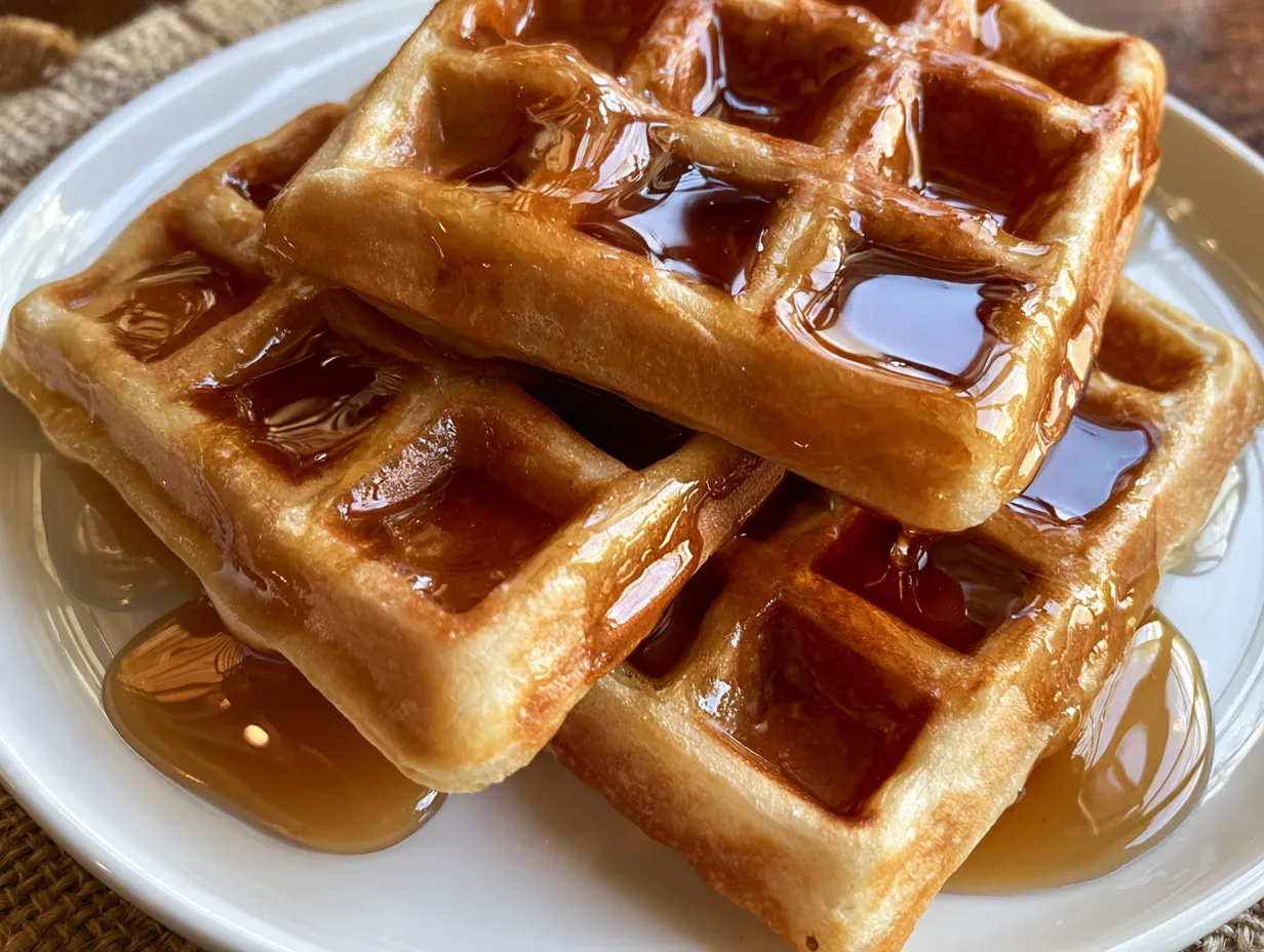 Served golden waffles with fresh fruits and syrup ready to eat