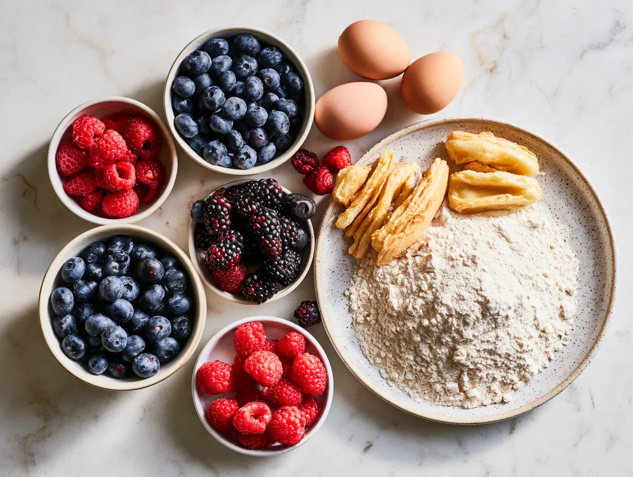 Ingredients for making waffles laid out neatly on a kitchen counter